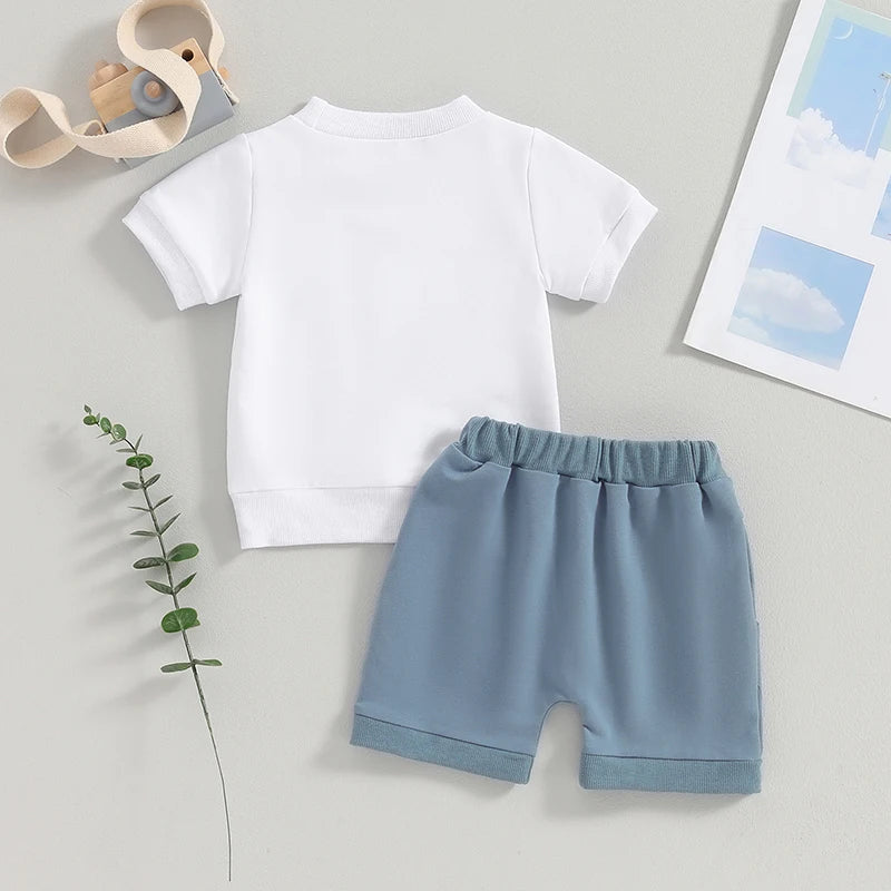 Toddler Baby Boy Summer Clothes Short Sleeve Embroidery Top Solid Color Shorts Cute Infant 2Pcs Baby Boy Outfit Sets