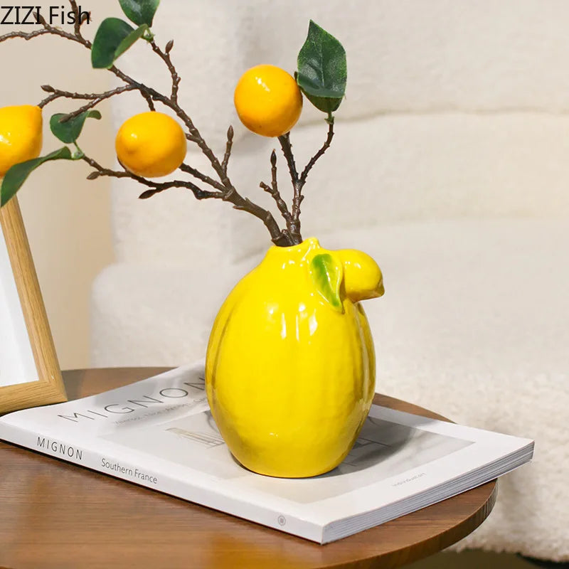 Creative Lemon Ceramic Vase Desk Decoration Artificial Flower Decorative Flowers Arrangement Floral Vases Room Aesthetic Decor