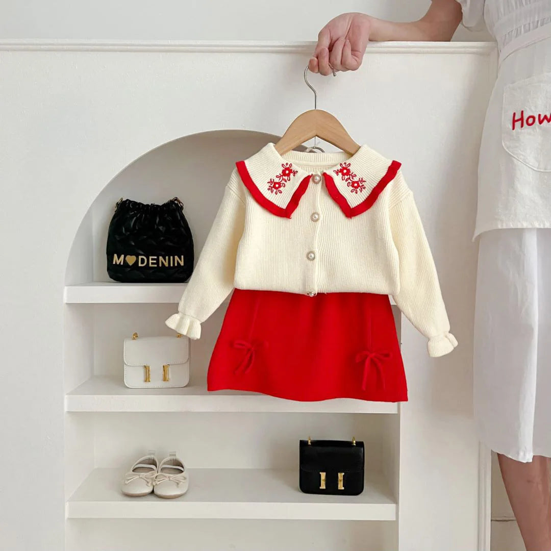 Baby Girl  Elegant Embroidery Collar Knitted Clothes Set Cardigan+Skirt Infant Toddler Child Clothing Suit Baby Clothes 1-7Y