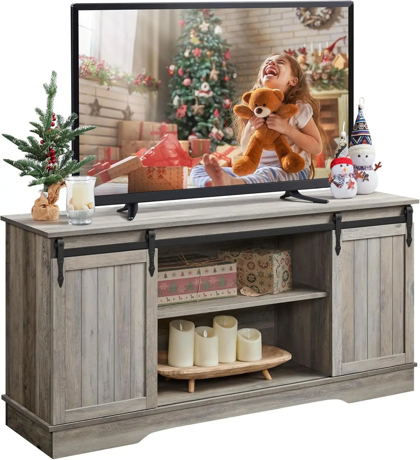 Farmhouse TV Stand for 65'' TV, Tall Entertainment Center with Storage, TV Console for Living Room with Sliding Barn Door