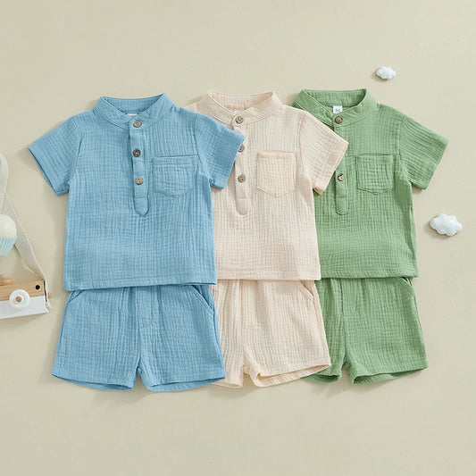 Lioraitiin Toddler Baby Boy Clothes Solid Color Cotton Gauze Button Up Short Sleeve Henley Shirts and Shorts Set Summer Outfits