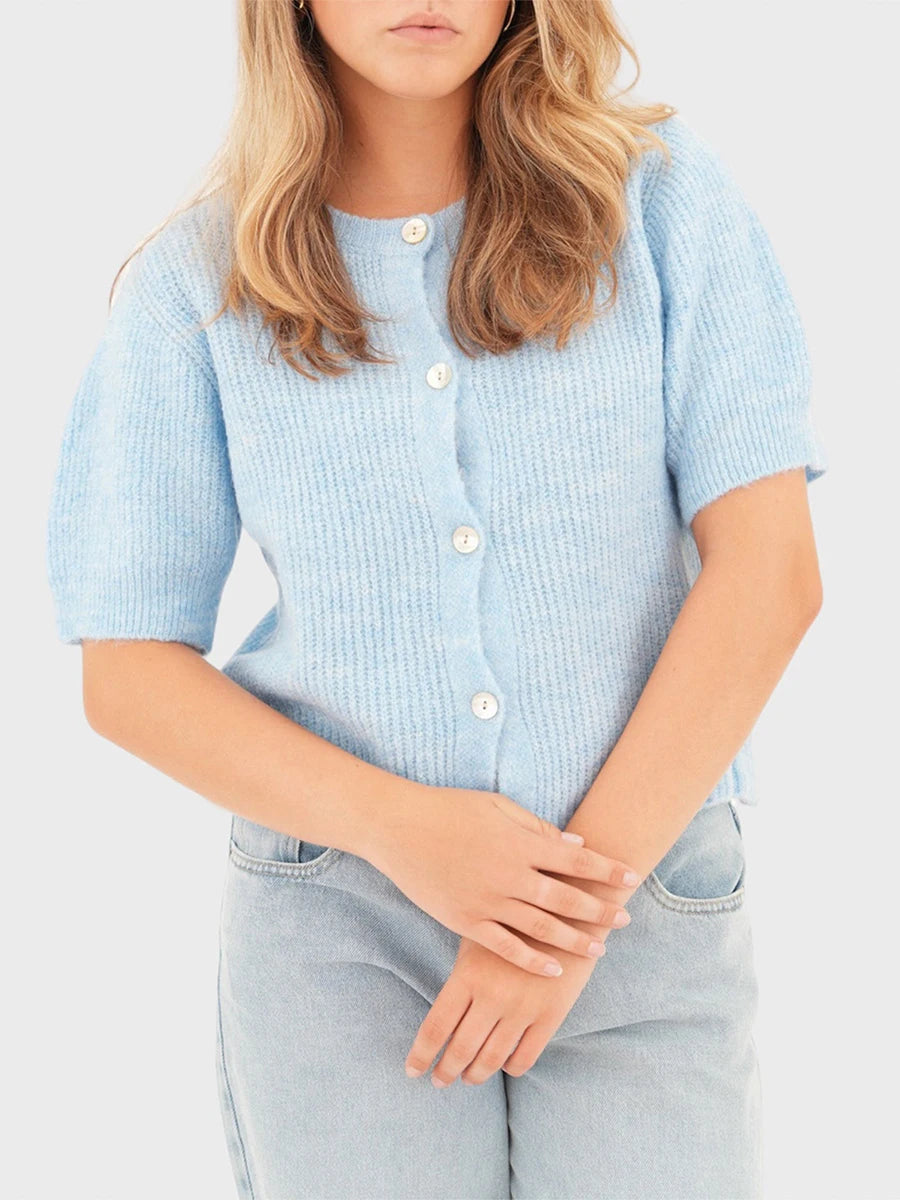 Women s V-Neck Button Down Knit Cardigan Sweater Solid Color Ribbed Loose Fit Short Sleeve Cropped Pullover Top