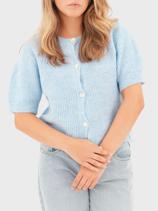 Women s V-Neck Button Down Knit Cardigan Sweater Solid Color Ribbed Loose Fit Short Sleeve Cropped Pullover Top