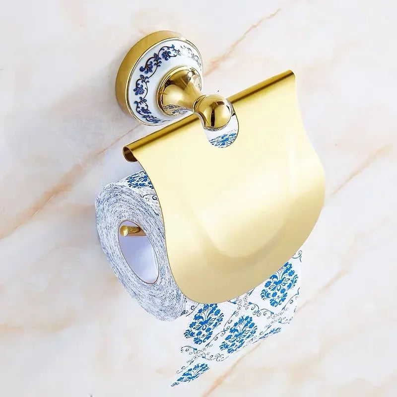 Bathroom Accessories Wall Mounted Paper Holder Toilet Gold Towel Ring Soap Box Cup Holder Luxury Ceramic Bathroom Hardware Set