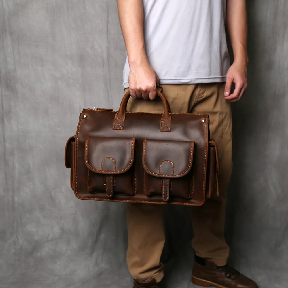 NZPJ Retro Genuine Leather Men's Briefcase Top Layer Cowhide Handbag  Crazy Horse Leather   Crossbody Bag For 16 Inch Laptops
