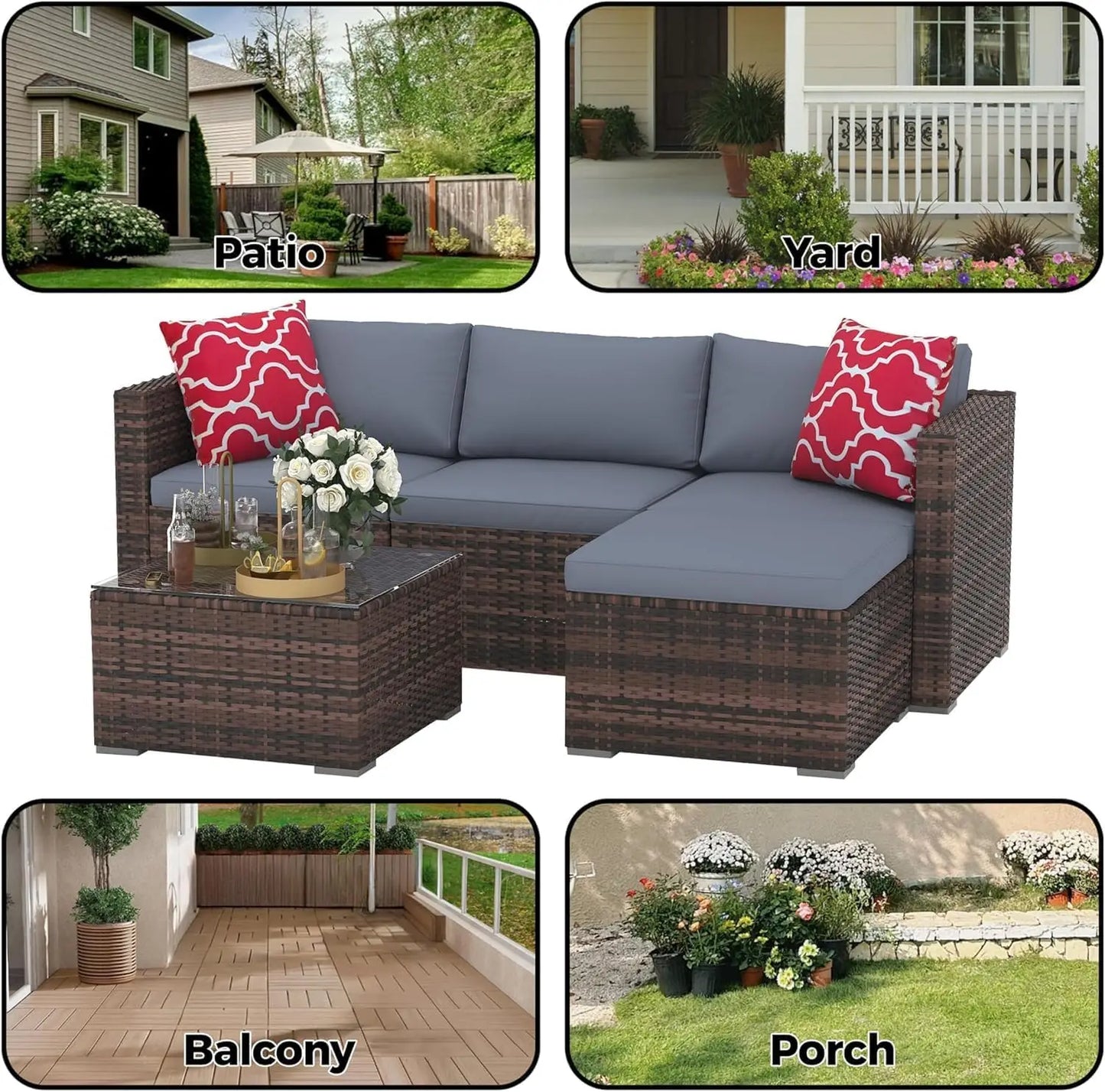 5-Piece Outdoor PE Wicker Patio Furniture Set, Water-Resistant Sectional Sofa With Plush Cushions, Tempered Glass Coffee Table &