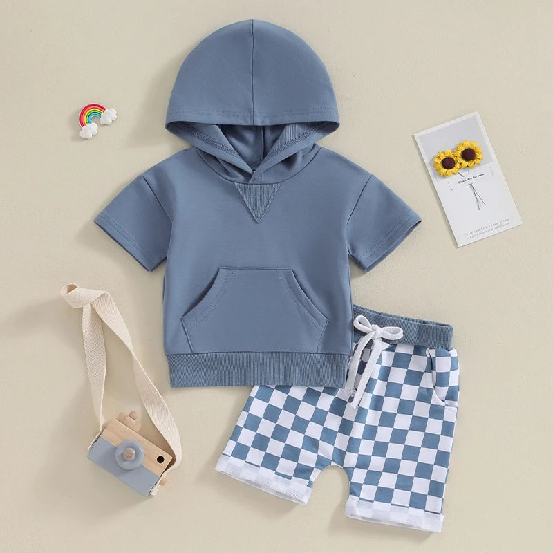 Lioraitiin 0-3Y Toddler Baby Boy Summer Outfit Contrast Color Short Sleeve Hooded T Shirt Top Elastic Shorts Clothes