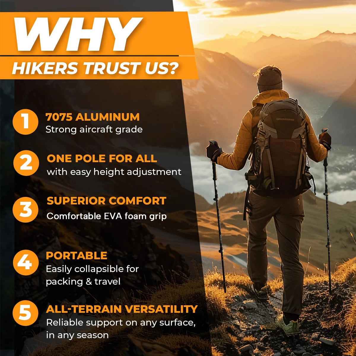 2-Piece Set of High-Quality Trekking Poles, Aluminum Alloy, Walking Sticks, Walking Sticks, Adjustable Length, Ergonomic Grips, Suitable for Outdoor Activities with Hiking and Mountaineering