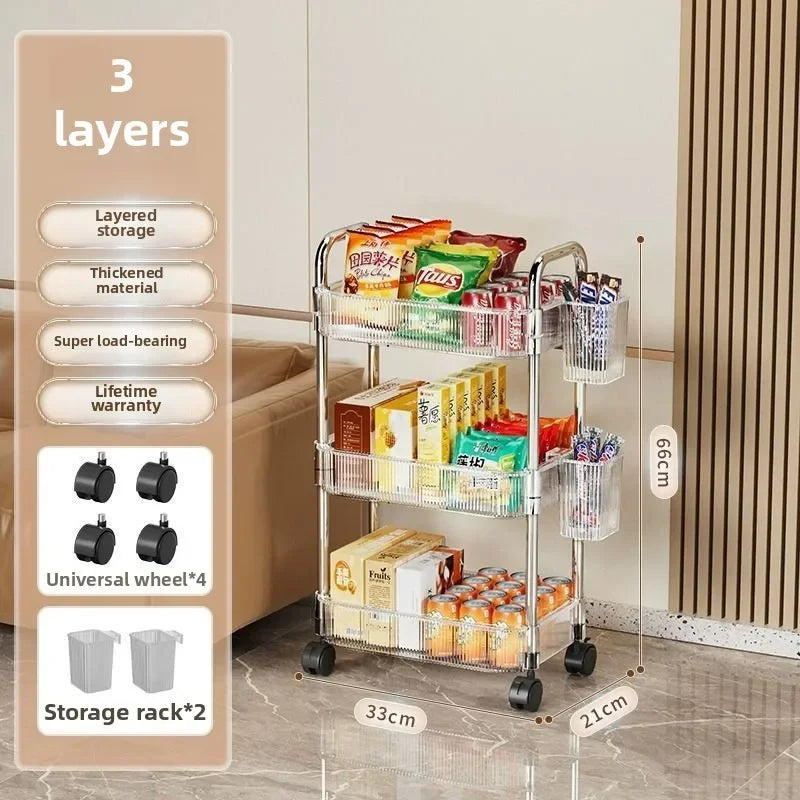 3 Tier Clear Storage Cart with Wheels - Multifunctional Rolling Organizer for Bedroom Living Room & Office