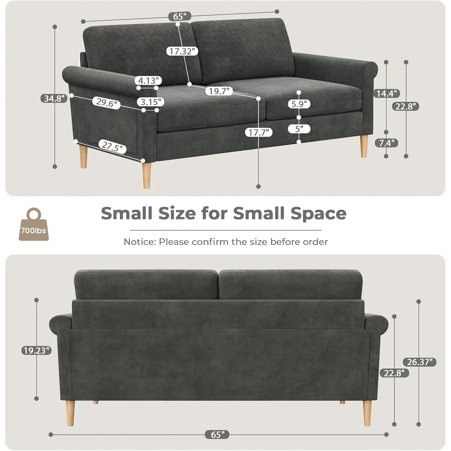 65" Loveseat, Comfy Small Couch,Mid Century Modern Decor Loveseat Sofa,Couches for Living Room,2-Seat Sofa Living Room Furniture