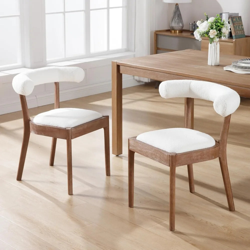Mid Century Modern Dining Chairs Set of 4, Comfortable Boucle Open Back Wood Side Chairs for Dining Room/Lounge/Restaurant, Whit