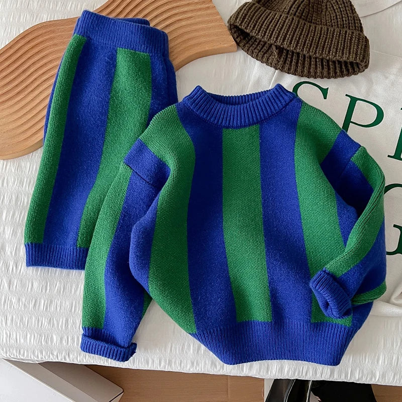 Spring Autumn Kids Knitted Clothing Set Long Sleeved Striped Pullover Sweater+Shorts Baby Boys Girl Clothes Suit Children Suit