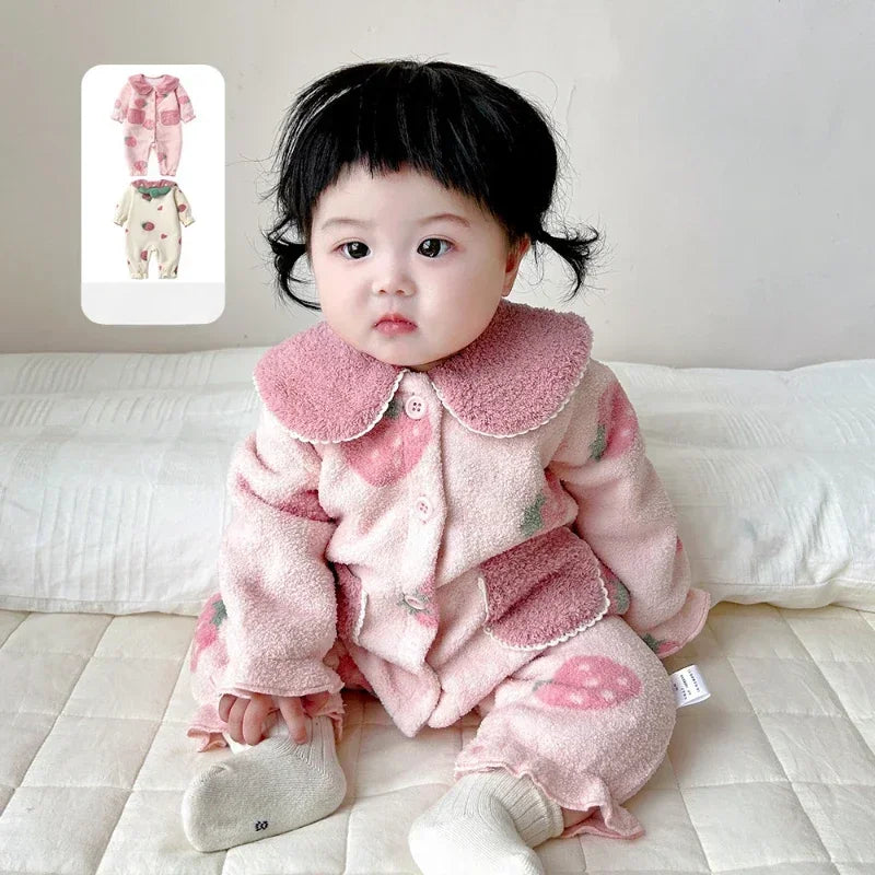 2024 Baby Clothes Girl Autumn Winter Fleece-Lined Jumpsuit for Kids Newborn Matching Children's Snow Woolen Wool Warm Costume