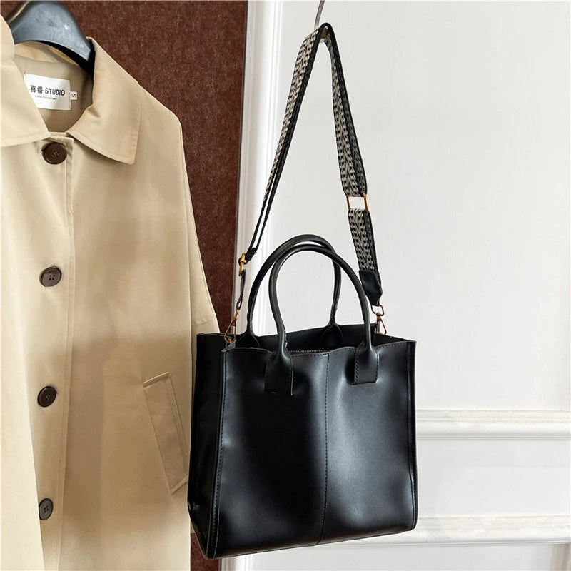 Black Tote Bag For Women Fashion Wide Strap Shoulder Handbag High Quality Pu Leather Bag Coffee Brown Female Brand Commute Bag