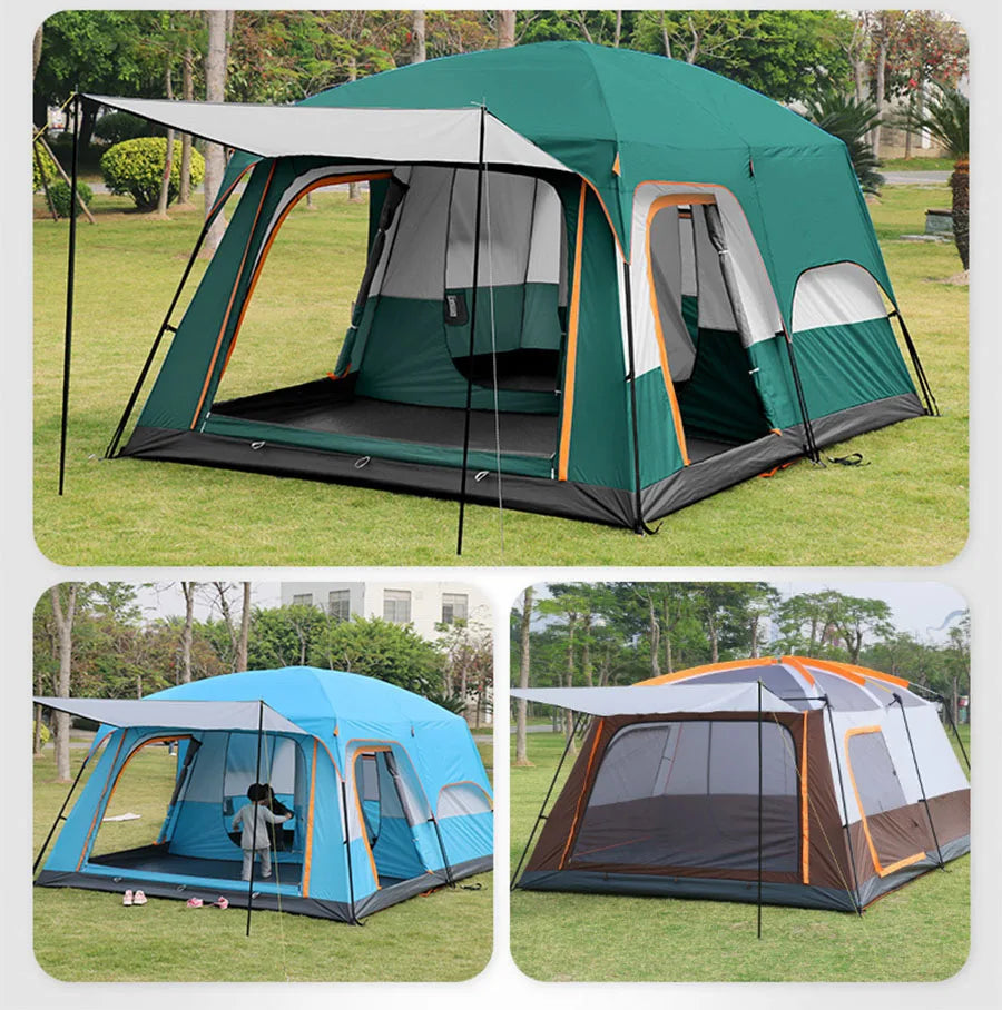 3-12 Person Outdoor Camping Team Tent Double Layers Oversize 2 Bedrooms Thickened Rainproof Company Family Camp Tour Equipment