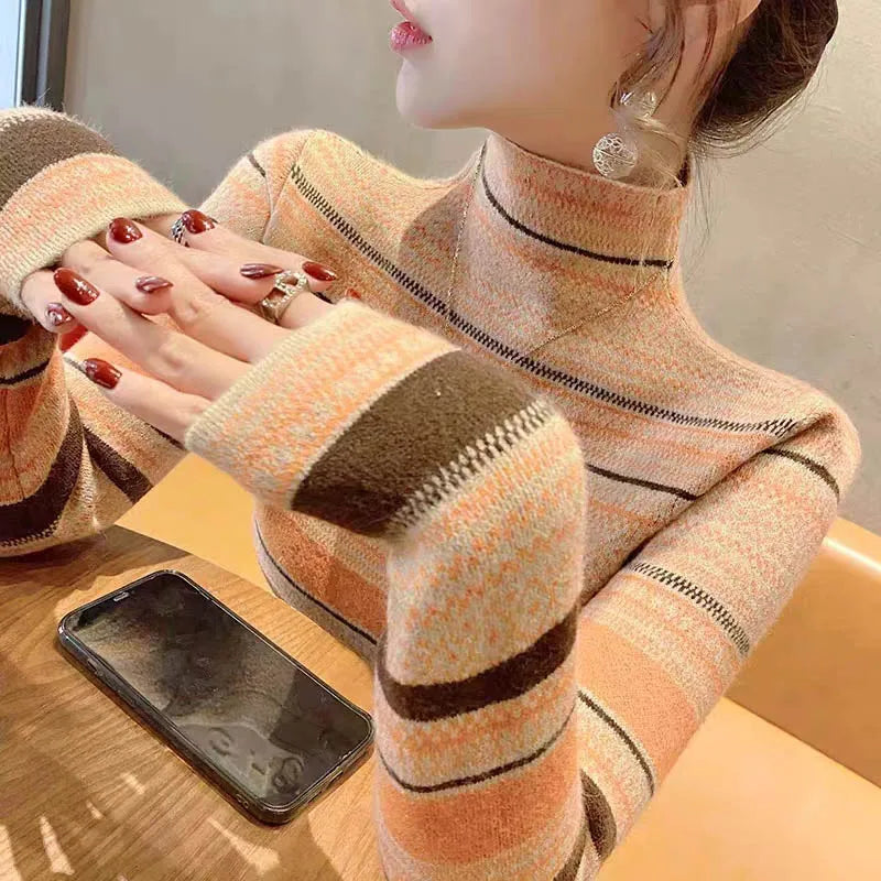 Women's Clothing Vintage Fashion Half High Collar Slim Sweaters Autumn Winter Elegant Chic Striped Knit Pullovers All-match Tops