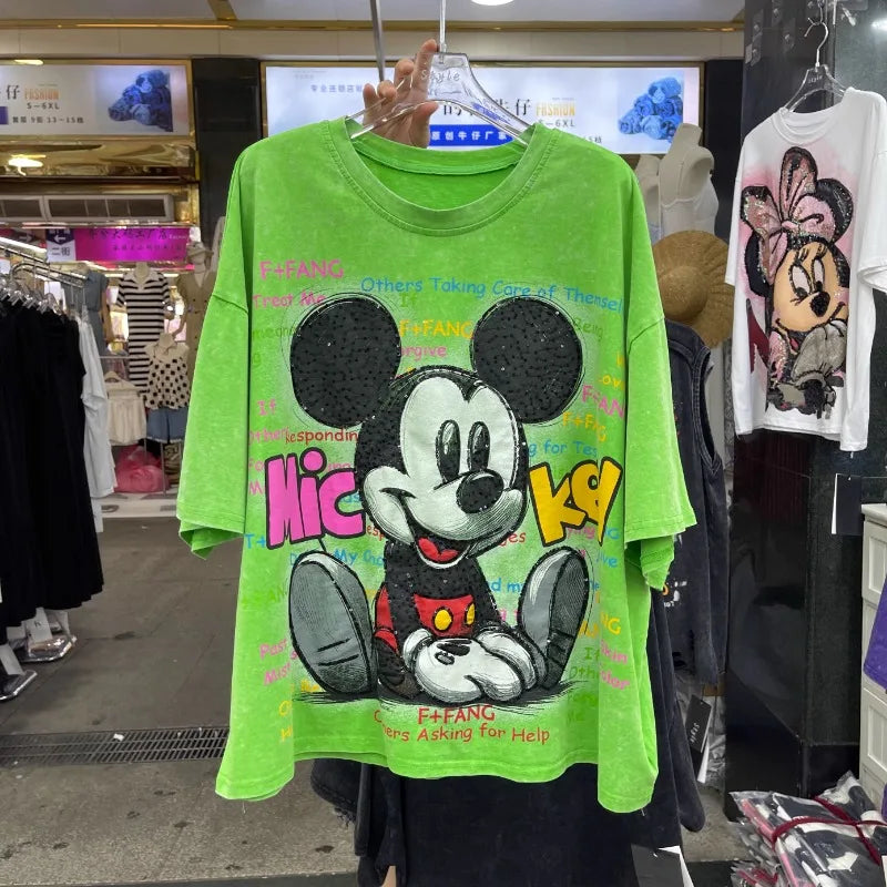 Women's Clothes 2025 New Heavy Industry Design Cartoon Leopard Print Short-sleeved T-shirt Loose Casual Top Vintage Tees Female