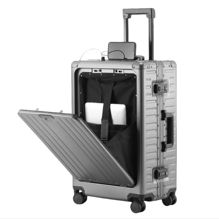 New All Aluminum-magnesium Suitcase Front Opening Rolling Luggage with USB Charging Plug TSA Lock Travel Trolley Case with Wheel