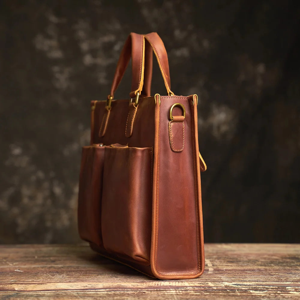 Vintage Men's Briefcase Genuine Leather Casual Trend Handbag High Capacity Shoulder Bag Zipper Pockte For 14 Inch Laptop NUPUGOO