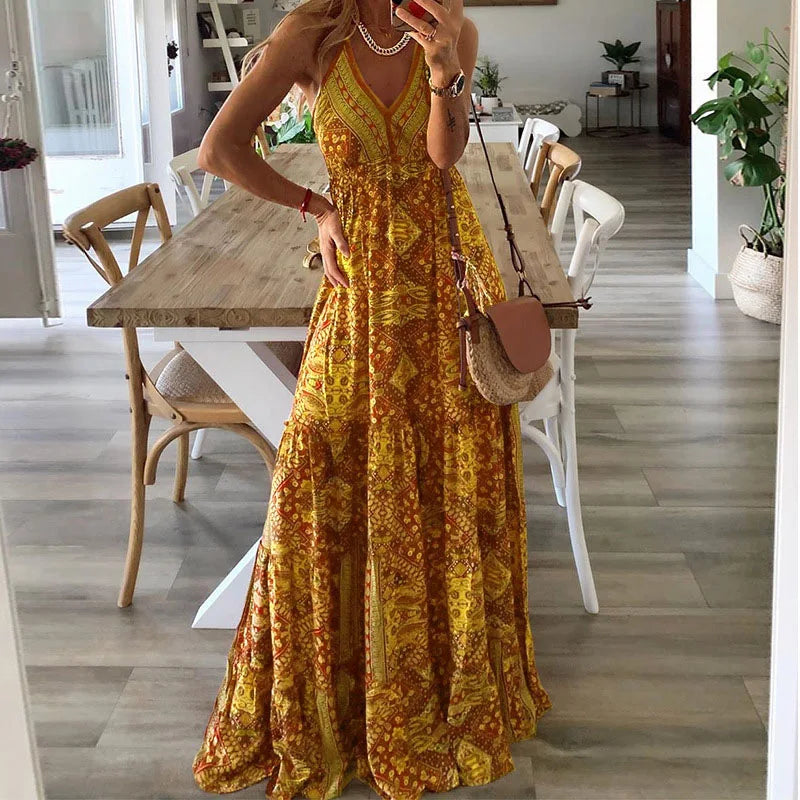 Bohemian Style Women's Clothing Long Dress New  Suspender Long Dress High Waist V-neck Printed Floral Dress Women's Clothing