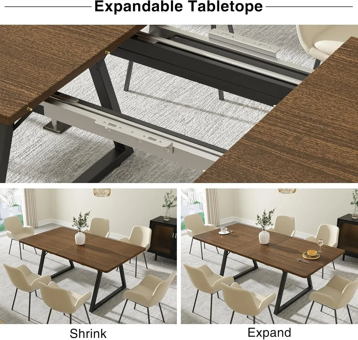 Vabches Extendable Dining Table for 4-6, 67" Wood Rectangle Kitchen Table Modern Large Dining Room Table Space Saving Furniture