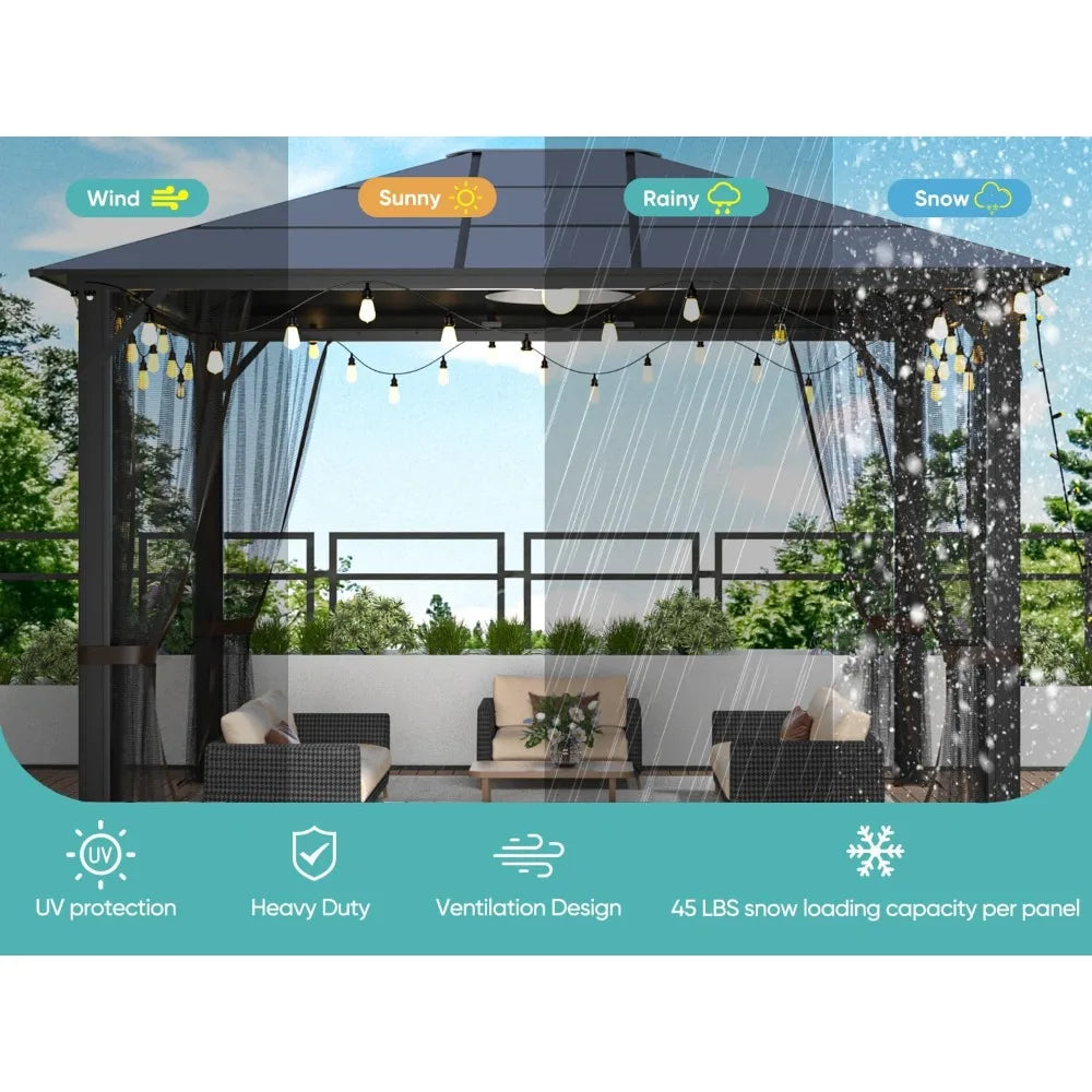 Heavy Duty Gazebo, 10x12 Gazebos For Patios, Hardtop Garden Gazebo With Aluminum Frame,Polycarbonate Gazebos Roof Panels,Outdoor