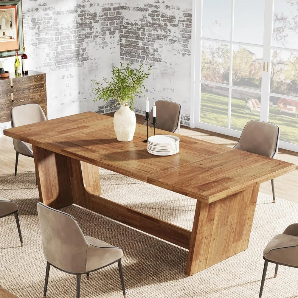 70.87-Inch Dining Room Table: Wood Large Dining Table for 6-8 People, Rectangular Farmhouse Kitchen Table with Solid Pedestal,