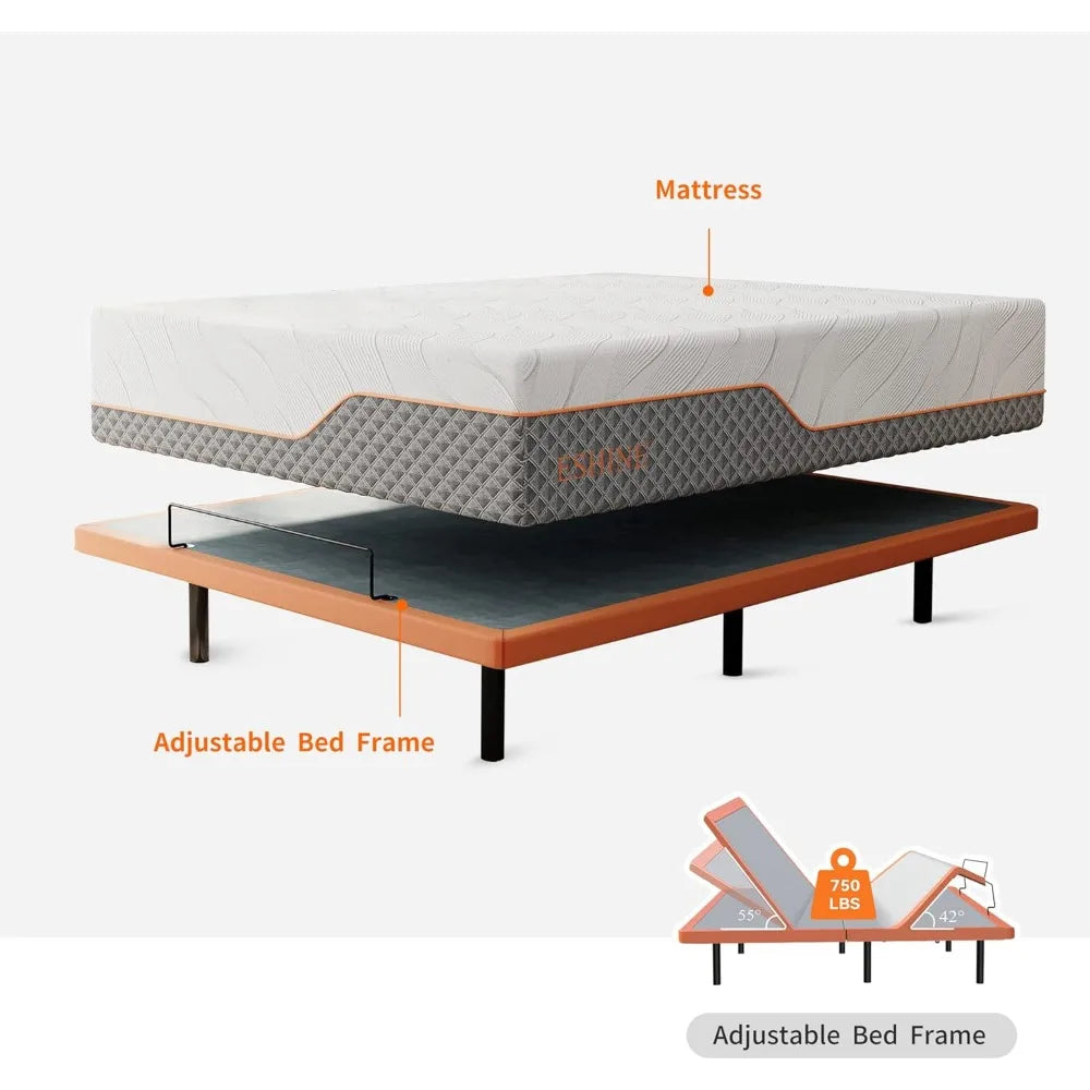Queen Adjustable Bed Frame - 14“ Luxury Cool Gel Memory Foam Hybrid Mattress, Adjustable Bed Frame
