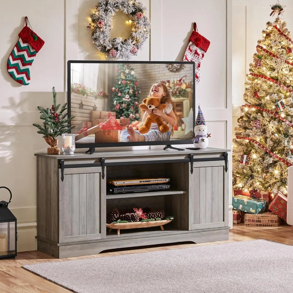 Farmhouse TV Stand for 65'' TV, Tall Entertainment Center with Storage, TV Console for Living Room with Sliding Barn Door