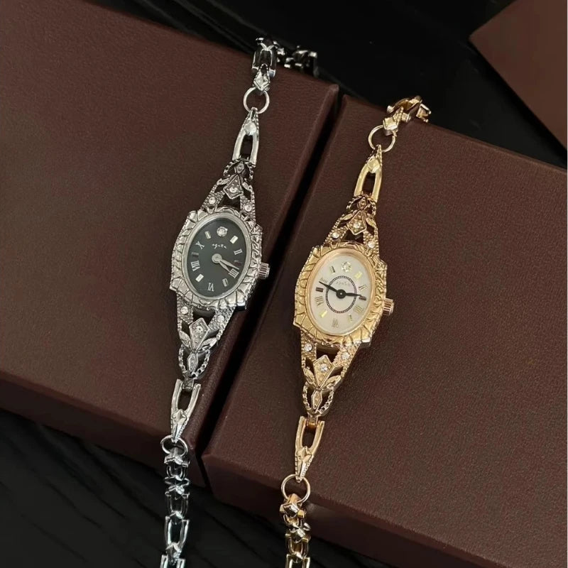 Medieval Vintage Women Watch Japanese Quartz Oval Carving Bracelet 18K Brass Fine Watch for Women