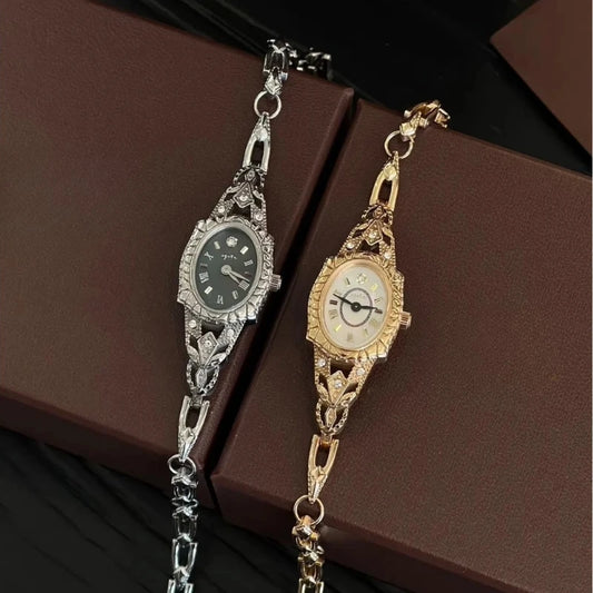 Medieval Vintage Women Watch Japanese Quartz Oval Carving Bracelet 18K Brass Fine Watch for Women