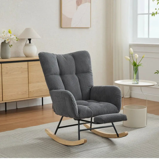 Modern Rocking Upholstered Glider Chair with High Backrest Rocker Accent Armchair with Solid Wood Legs Bedroom Living Room Chair