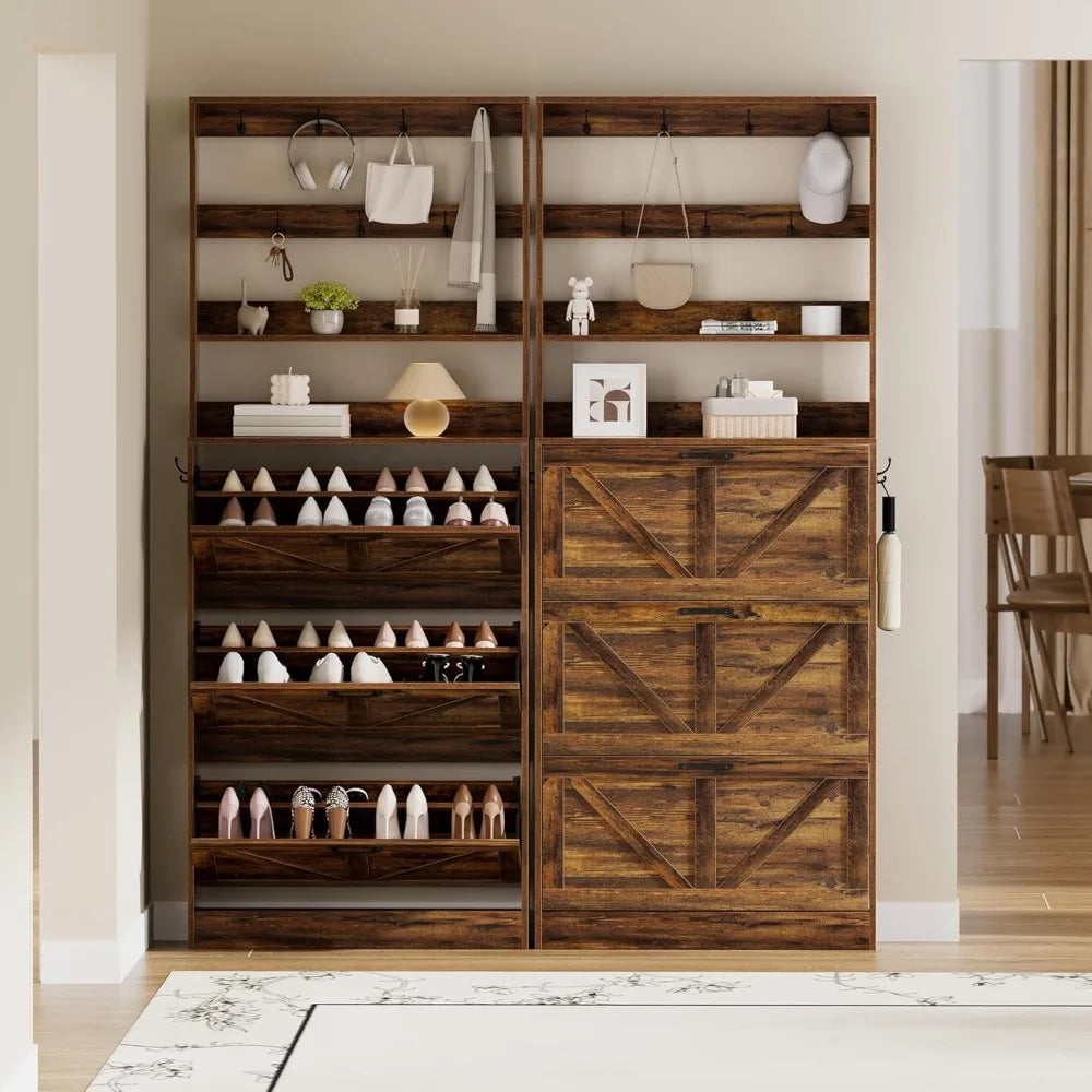 Shoe Cabinet Storage for Entryway, Narrow Shoe Rack Cabinet with 3 Flip Drawers & Coat Rack, Hidden Shoe Storage Cabinet, 2-in-
