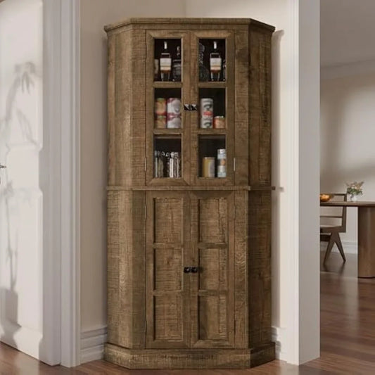 Corner Storage Cabinet, 67" Kitchen Corner Cabinet with Glass Doors, Farmhouse Tall Corner Display Cabinet with Adjustable Shelv