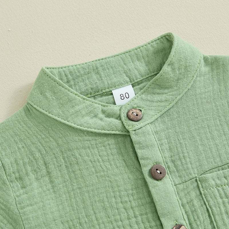 Lioraitiin Toddler Baby Boy Clothes Solid Color Cotton Gauze Button Up Short Sleeve Henley Shirts and Shorts Set Summer Outfits