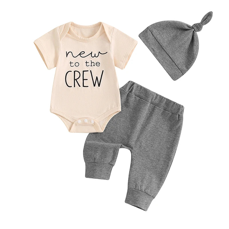 2024-05-05 Lioraitiin Baby Boy Summer Outfit Letter Embroidery Short Sleeve Romper with Solid Color Pants and Hat 3Pcs Set
