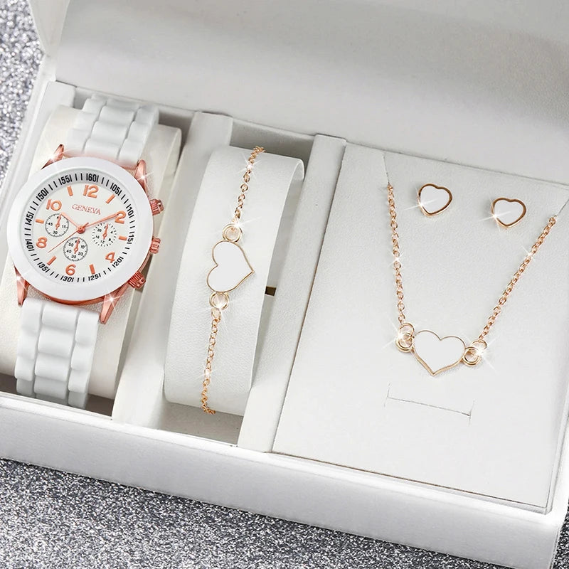 5 pcs Fashion Women Quartz Watch Female Clock Heart Necklace Bracelet Luxury Design Ladies Silicone Wrist Watch Montre Femme