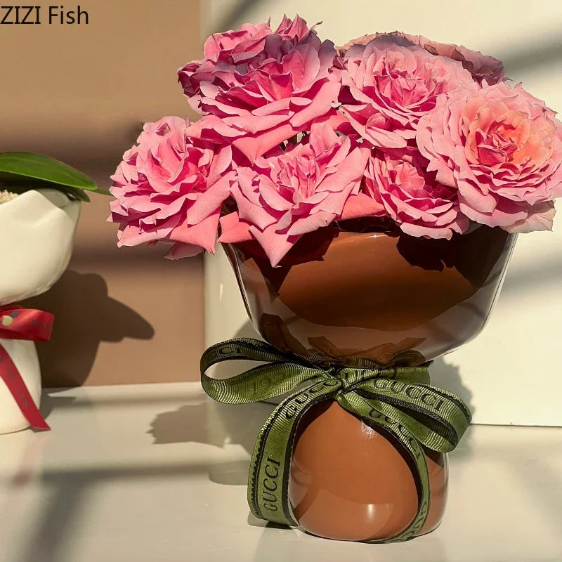 Rose Flower Shaped Ceramic Vase Desk Decoration Flowers Arrangement Girding Decorative Floral Vases Room Aesthetic Decor