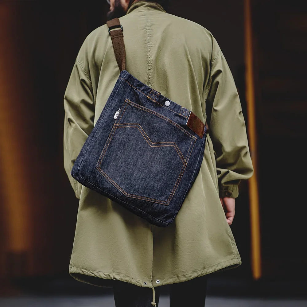Maden Retro 14oz Denim Bags Unisex Single Shoulder Crossbody Bags Embroidered Versatile Hand-held Flat-panel Tote Bags for Daily