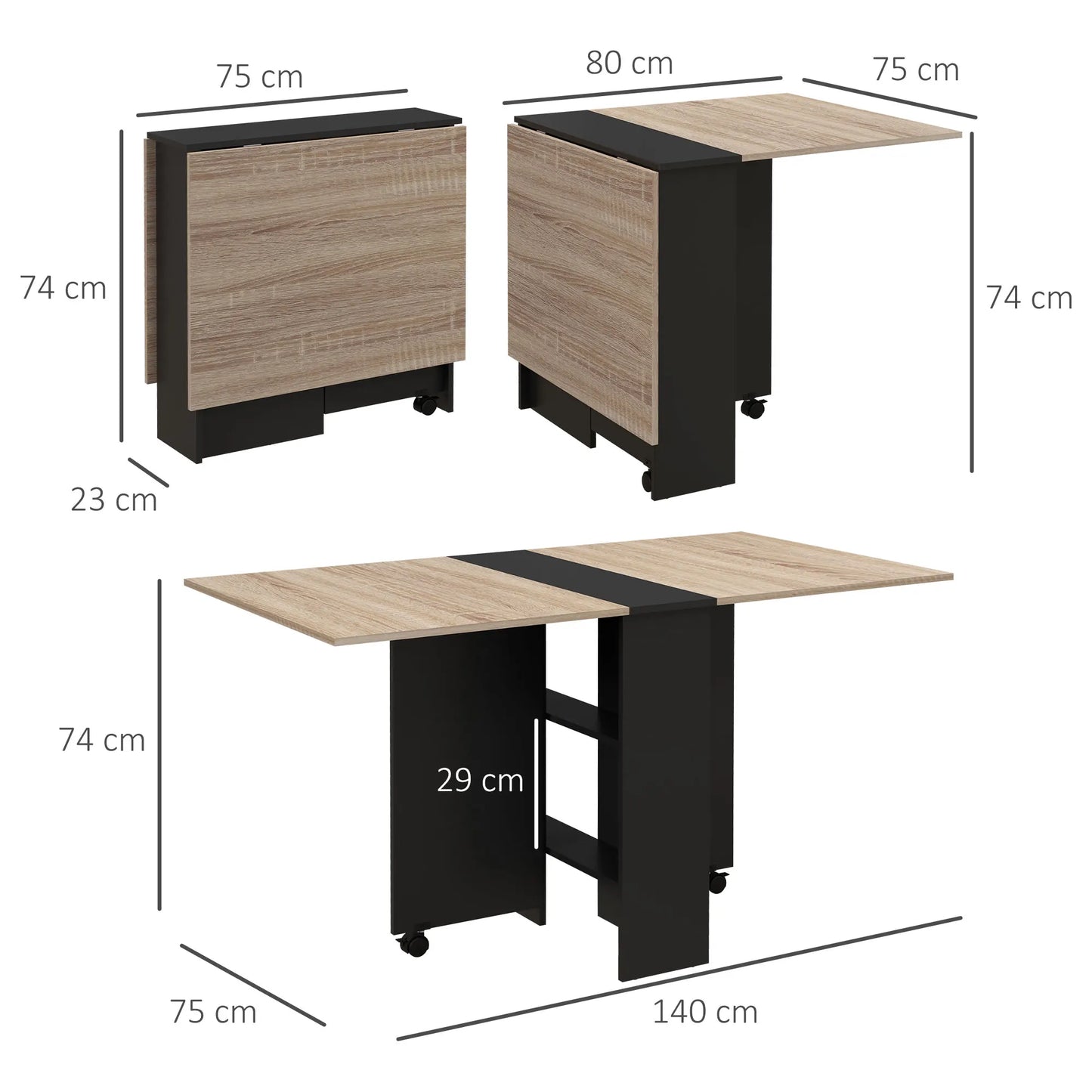 HOMCOM folding dining table with folding wings 75x140x74 cm Natural and black
