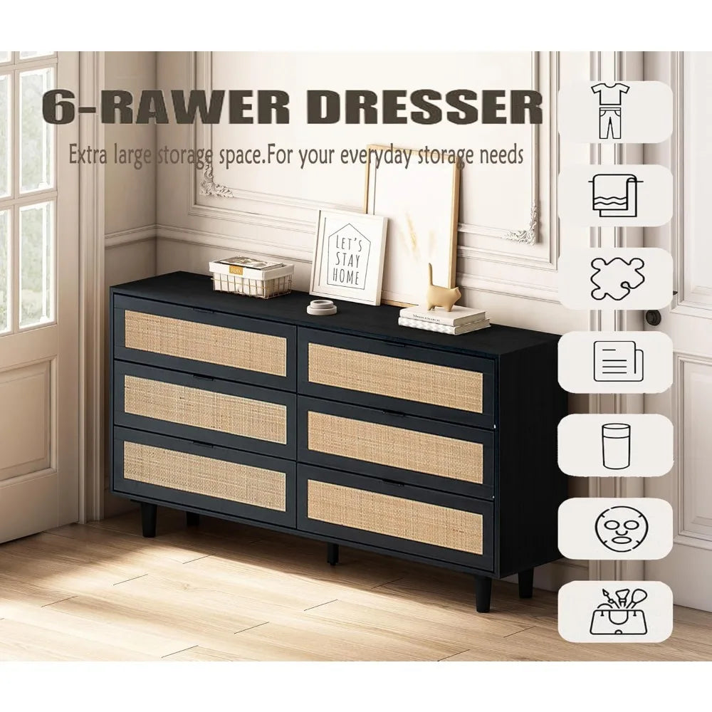 6 Drawer Double Dresser for Bedroom,Natural Rattan Modern Drawer Chest,Wooden Storage Wardrobe Dresser with Black Handles,