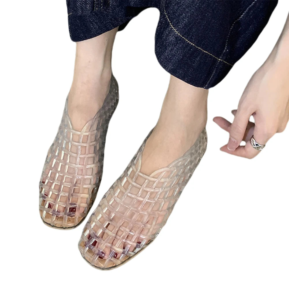 Women Jelly Flats Mesh Ballet Flats Square Toe Fashion Slip On Flat Sandals Lightweight Casual Shoes for Summer Beach