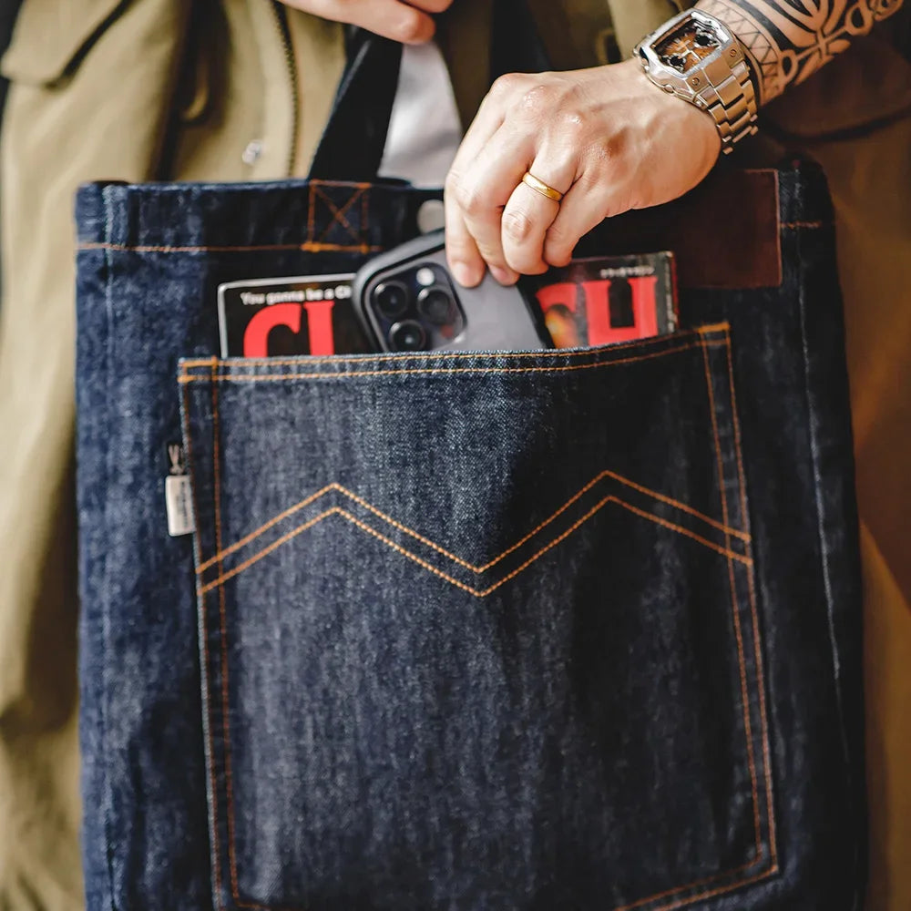 Maden Retro 14oz Denim Bags Unisex Single Shoulder Crossbody Bags Embroidered Versatile Hand-held Flat-panel Tote Bags for Daily