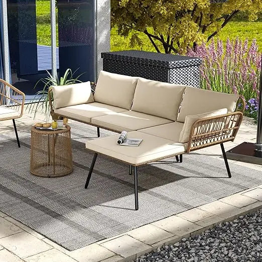 Patio Furniture Set 3 Piece Outdoor Wicker Conversation Set with Detachable Cushions and Coffee Table L-Shaped Sectional Sofa S