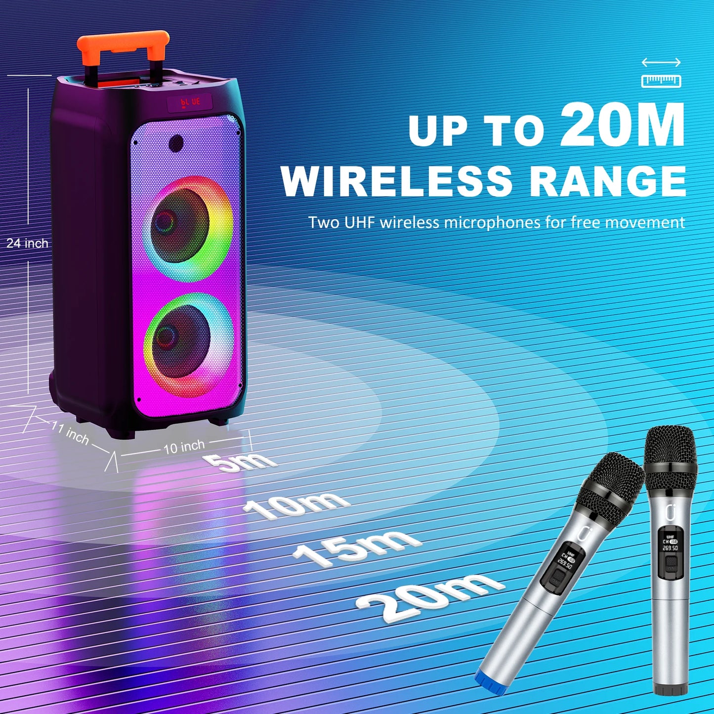 FanFun T8 Large Bluetooth Speaker, Wireless Speaker with Wheels and Push Rod, Karaoke Machine with Two Microphones With Tws