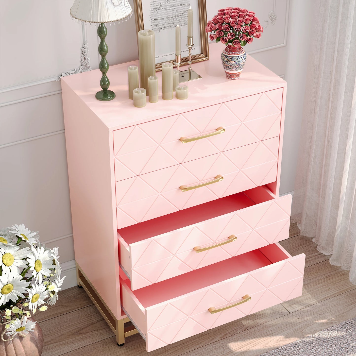 4 Drawer Dresser for Bedroom, Wood Dresser Chest of Drawers with Wide Drawers and Gold Handles, Storage Organizer Unit