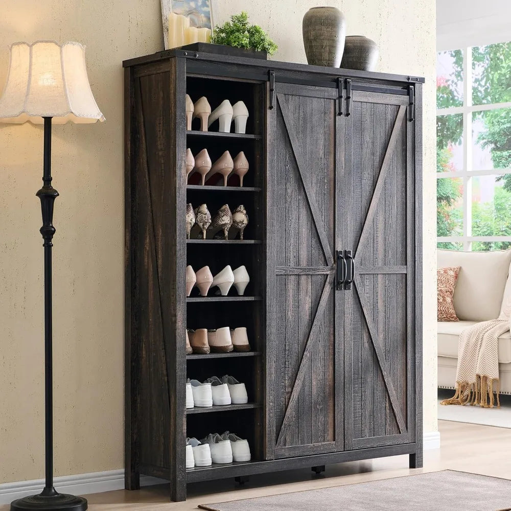 Shoe Cabinet with 2 Sliding Door, 6-Tier Adjustable Shelves, Farmhouse Shoe Organizer for Entryway, Living Room, 60" Tall Large