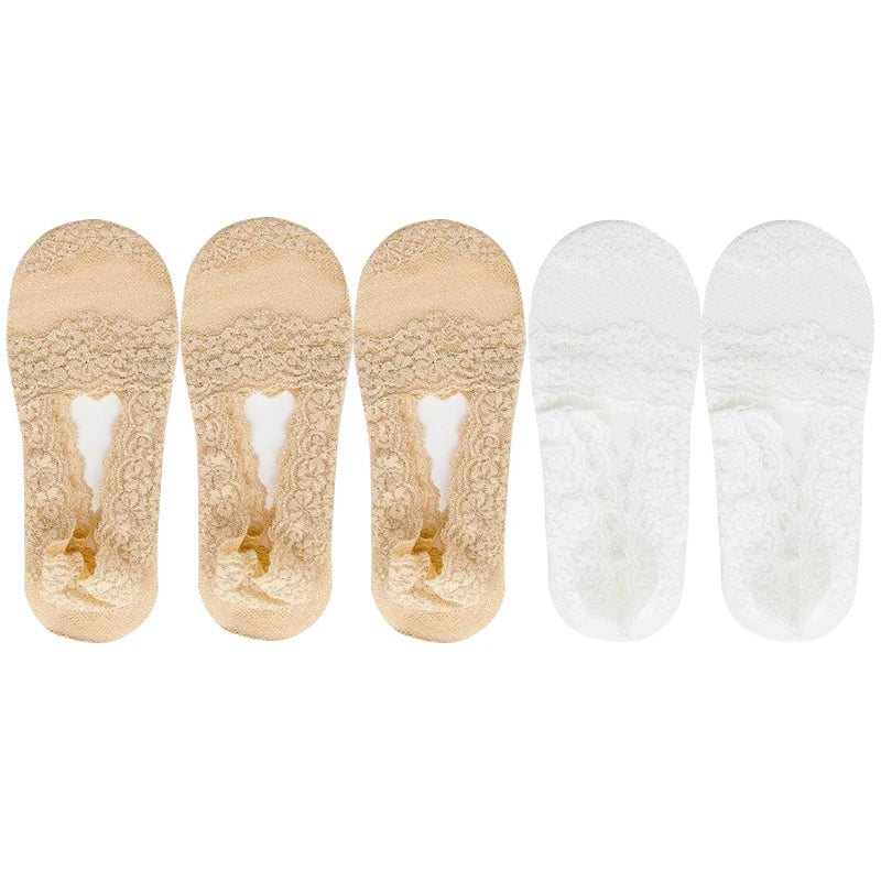 5 Pairs Socks Women's Lace Invisible Short No-Show Ankle Foot Summer Cotton Transparent White Low Cut Boat Sock