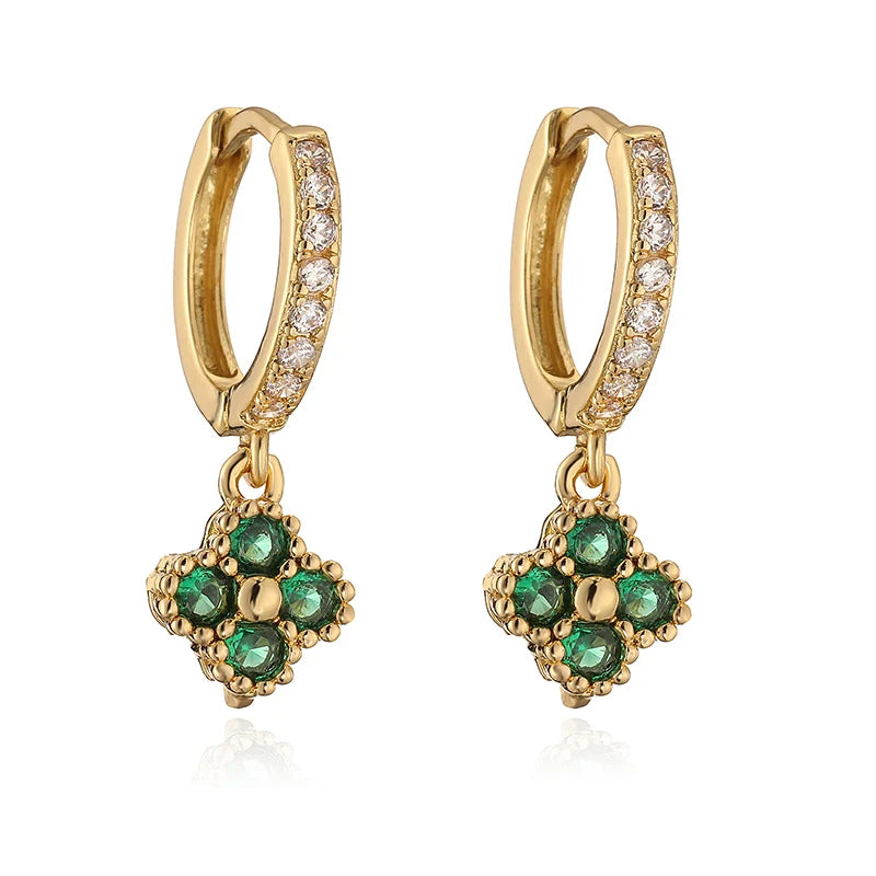 HECHENG Brass 18K Golden-Plated Crystal Zirconia Flower Dangle Earrings Perforated Ladies Jewellery 1 Pair