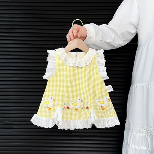 0-24M Baby Girl Summer Romper Dress Cotton Cartoon Duck Embroidery Lace Gingham Princess Sleeveless Sweet Baby Clothes